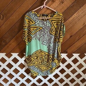 Y2K style yellow and seafoam green abstract print asymmetrical top size S